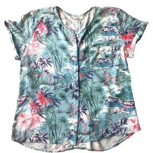 Faherty Hawaiian Print Button Down Blue Green Pink Size Large